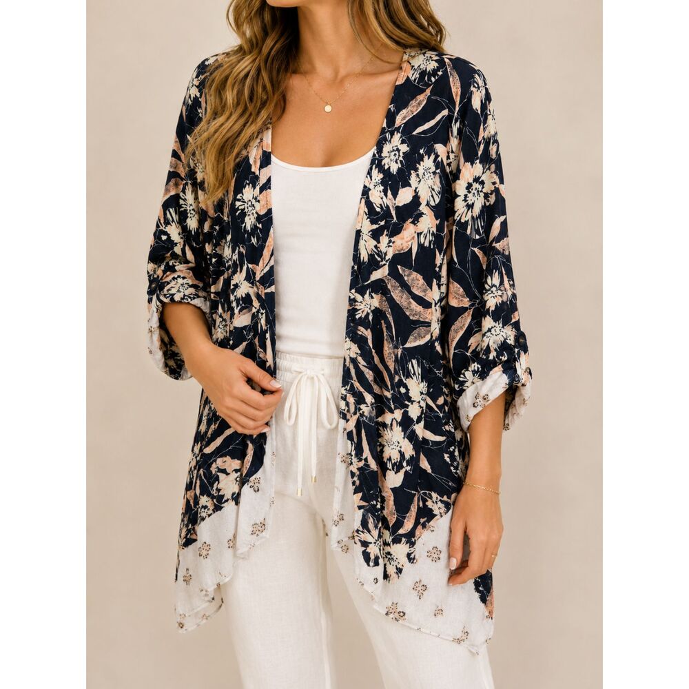 Billabong Floral Open Front Kimono Cardigan Cover Up Rayon Size Medium